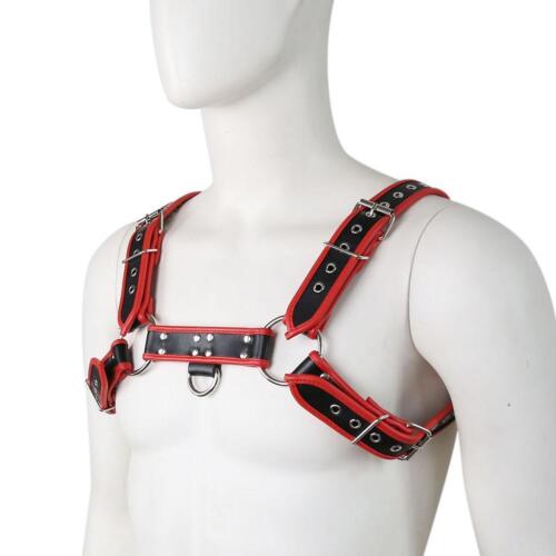 a male mannequin wearing a red and black harness