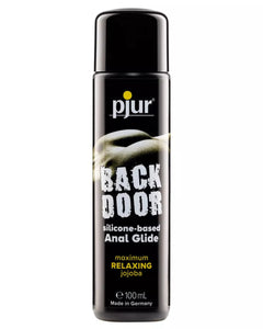 Pjur Back Door silicone-based anal lubricant with jojoba, shown in a sleek bottle on a neutral background.