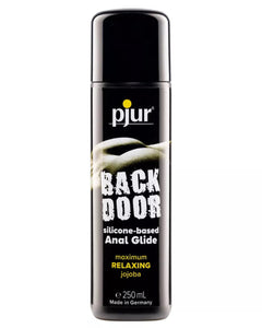 Pjur Back Door silicone-based anal lubricant with jojoba, in a sleek bottle, showing smooth, transparent silicone lubricant for sensitive use.