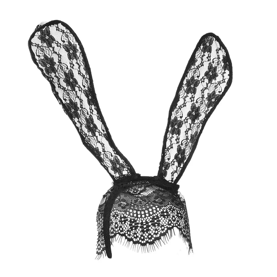 a black and white photo of a lace bunny ears headband