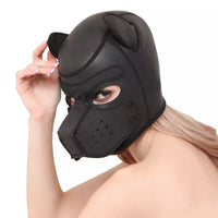 Luxurious black puppy hood with ears, featuring a sleek design and a snug fit, ideal for adventurous roleplay.