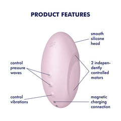 A pink oval personal massager shown on a white background with labeled product features pointing to its smooth silicone head, two independently controlled motors, control pressure waves, control vibrations, and magnetic charging connection.