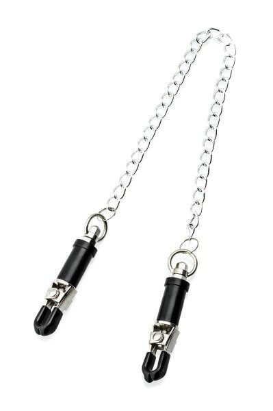 Stylish nipple clamps joined by a polished metal chain, designed for adjustable pressure and adorned with soft rubber ends for a sophisticated touch.