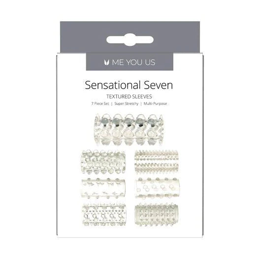 Transparent Me You Us Sensational Seven textured penis sleeves designed for enhanced pleasure and stimulation.
