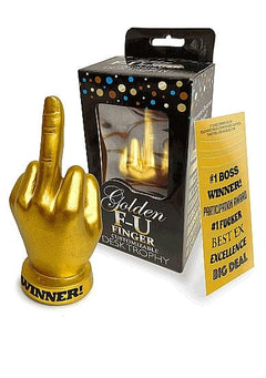 Stylish golden F-U finger trophy displayed in its elegant packaging, complete with a vibrant label featuring multiple award categories, showcasing its charm as a unique desk trophy for playful acknowledgements.