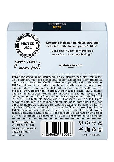 Mister Size Pure Feel condoms, 53mm, with sleek packaging and clear label, displayed in a close-up shot.