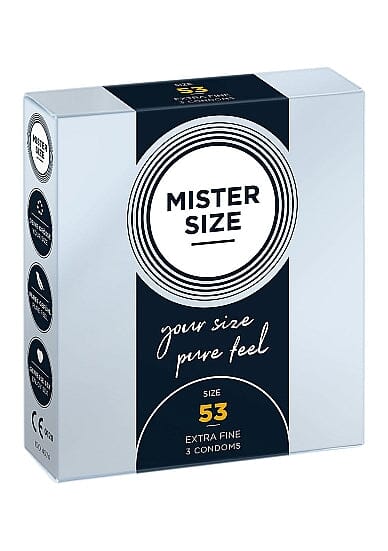 Pure Feel Mister Size condoms, 53 mm width, showing the smooth latex surface and packaging on a white background.