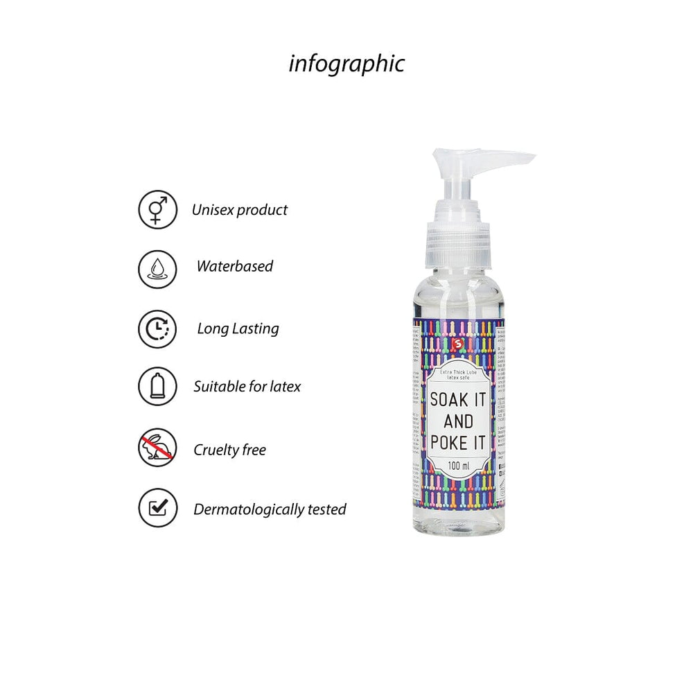 S-line Soak It And Poke It water-based extra thick lubricant 100ml bottle, clear and smooth liquid inside a transparent container