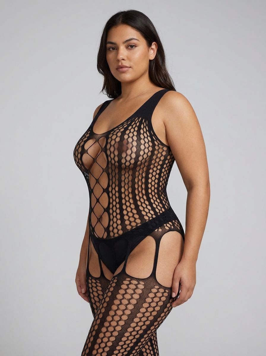 Lace by LJ Plus Size Lace Up Suspender Bodystocking