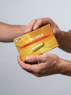 Studio image of Ultra Gold Premium 400mg male health support herbal capsules by GB Supplements, designed to enhance performance.