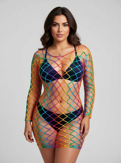 Lace by LJ Rainbow Long Sleeved Fishnet Mini Dress