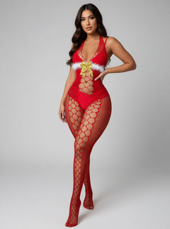 Red Sexy Christmas Fluffy Bodystocking – Festive Holiday Lingerie