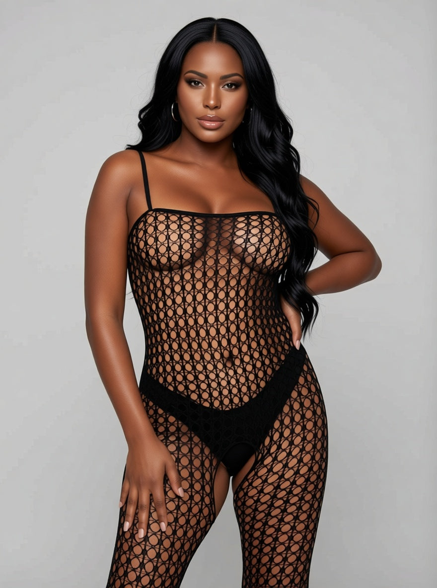 Leg Avenue Seamless Strappy Crochet Bodystocking Black