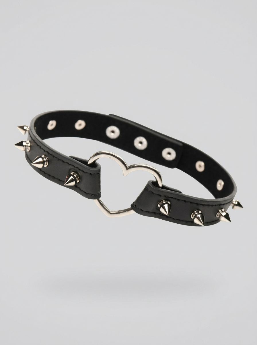 Spiked Heart Choker – Luxury Vegan Leather Adjustable Collar With Metal Snaps For Kink & Fashion
