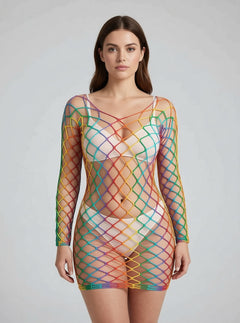 Lace by LJ Rainbow Long Sleeved Fishnet Mini Dress