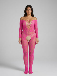 Lace by LJ Lace Up Front Crotchless Bodystocking Fuchsia