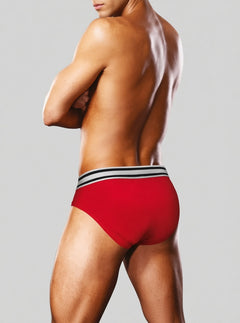 Red and white Prowler men's briefs in a studio setting, showcasing comfortable, form-fitting underwear for men.