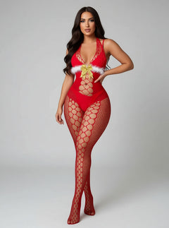 Red Sexy Christmas Fluffy Bodystocking – Festive Holiday Lingerie