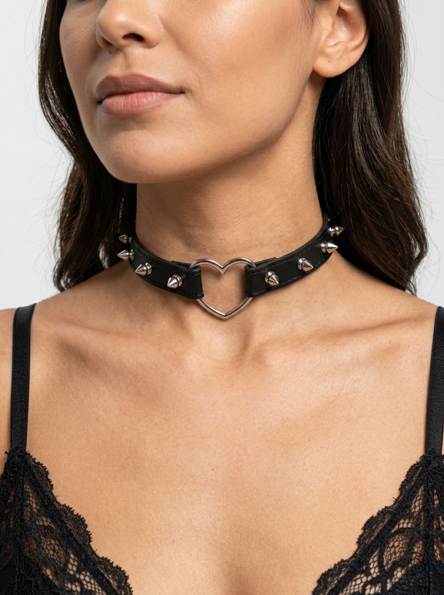 Spiked Heart Choker – Luxury Vegan Leather Adjustable Collar With Metal Snaps For Kink & Fashion