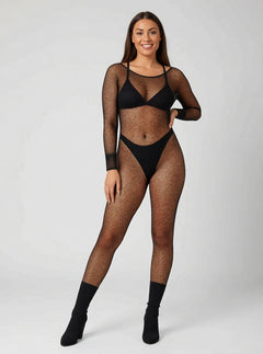 Lace by LJ Fishnet Crotchless Long Sleeve Bodystocking Black or Rhinestone