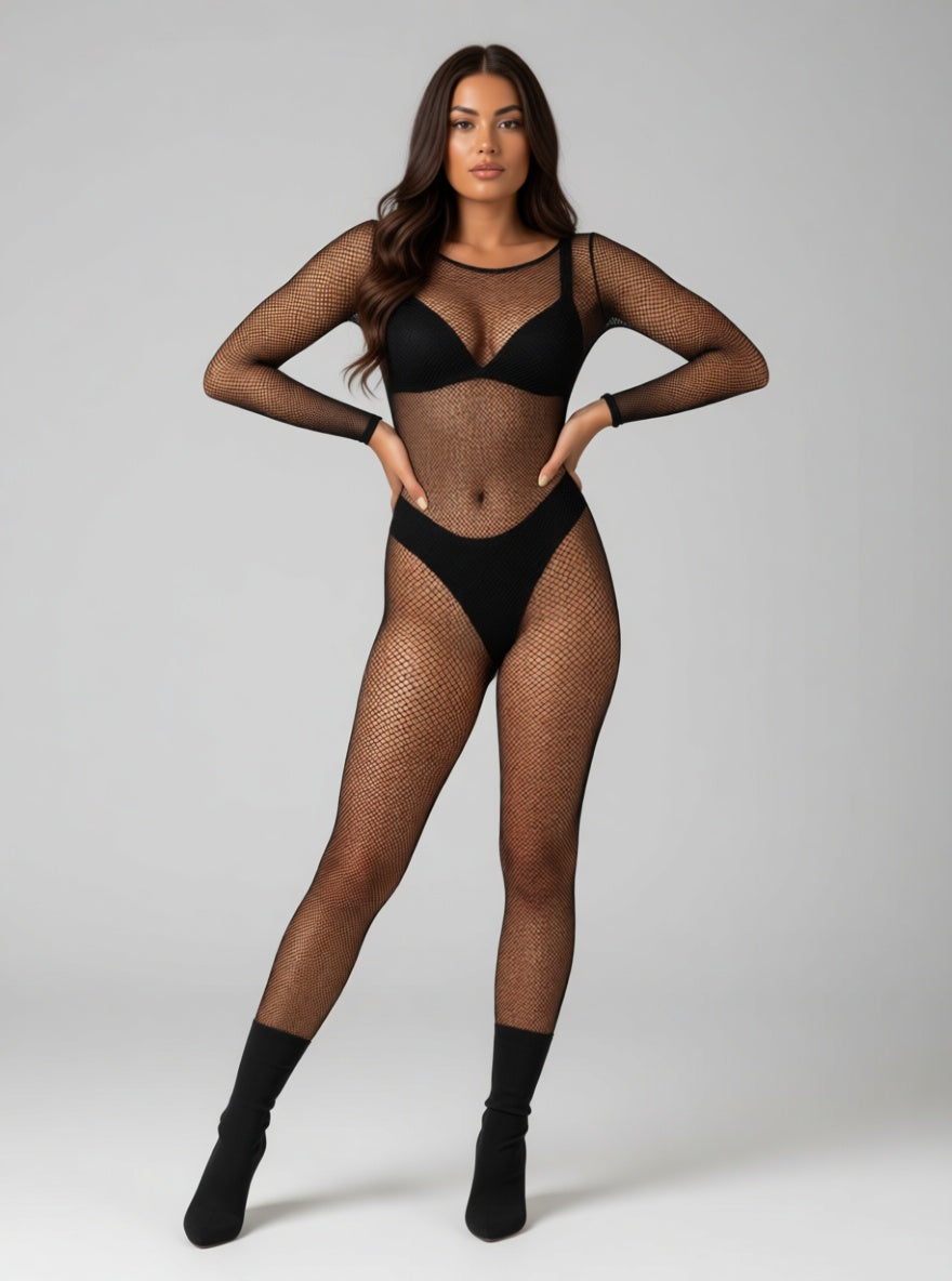 Lace by LJ Fishnet Crotchless Long Sleeve Bodystocking Black or Rhinestone