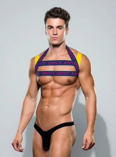 Envy Chest Harness In Blue And Yellow With Contrasting Logo Detail And Statement Style