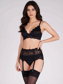 Silky Deep Wide Lace Floral Suspender Belt - Black