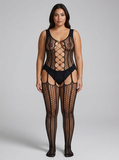 Lace by LJ Plus Size Lace Up Suspender Bodystocking