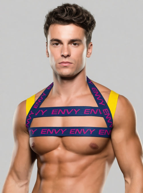 Envy Chest Harness In Blue And Yellow With Contrasting Logo Detail And Statement Style