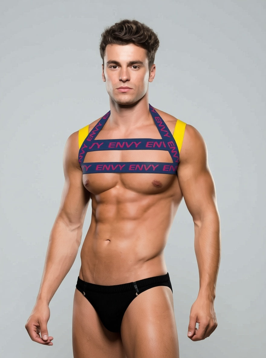 Envy Chest Harness In Blue And Yellow With Contrasting Logo Detail And Statement Style