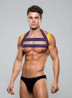 Envy Chest Harness In Blue And Yellow With Contrasting Logo Detail And Statement Style