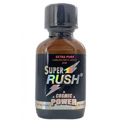 Rush Super RUSH Black Label Cosmic Power leather cleaner bottle, 24ml, with black and metallic label design.