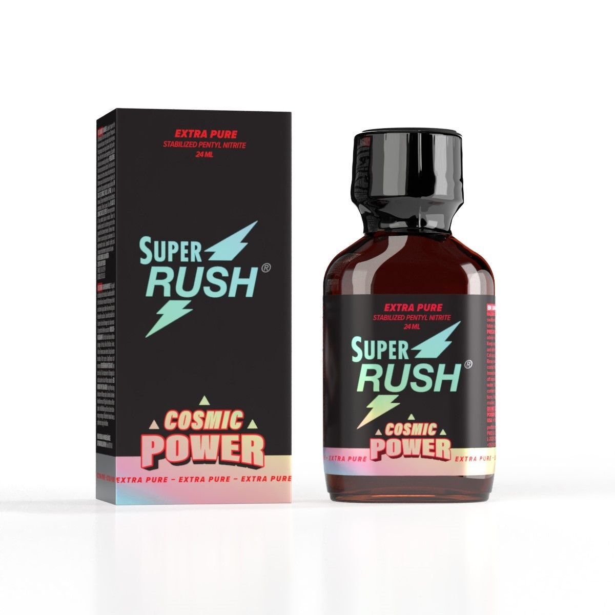 Rush Super RUSH Black Label Cosmic Power leather cleaner in a 24ml bottle, designed to clean and restore leather surfaces.