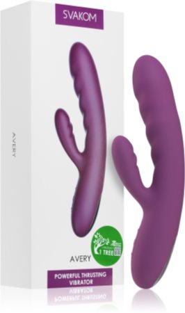 Svakom Avery thrusting rabbit vibrator with clitoral stimulator, featuring a sleek design and textured surface for enhanced pleasure.