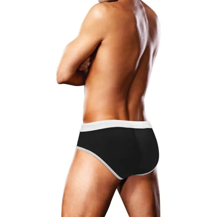 Men's Prowler swim brief in black with oversized paw print design, suitable for swimming and beachwear.