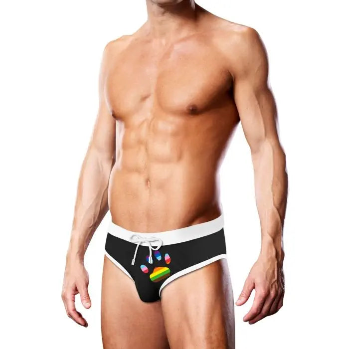 Men's Prowler swim brief in black with oversized paw print design, perfect for stylish swimming and beachwear.