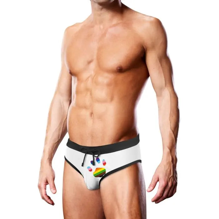 Black Prowler men's swim brief featuring an oversized paw print design, suitable for swimming and beachwear.