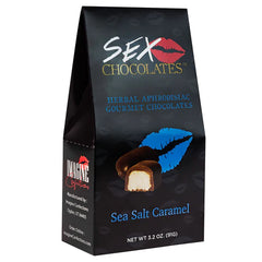 Indulgent packaging of Sex Chocolates Sea Salt Caramel, featuring exquisite gourmet chocolate and herbal aphrodisiacs.