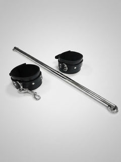 Detailed view of the sturdy metal design of the Adjustable 24-38 Inch Leather Leg Spreader Bondage Bar - ideal for luxurious leg spreader bondage play.