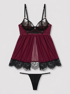 Stylish Seven Til Midnight Eyelash Lace & Mesh Babydoll in rich wine colour, ideal for gifting or elevating your lingerie collection.