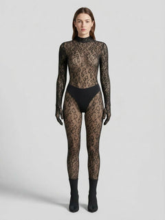 Lace by LJ Gloved Leopard Print Catsuit Black displayed elegantly, showcasing its striking leopard print pattern that exudes luxury.