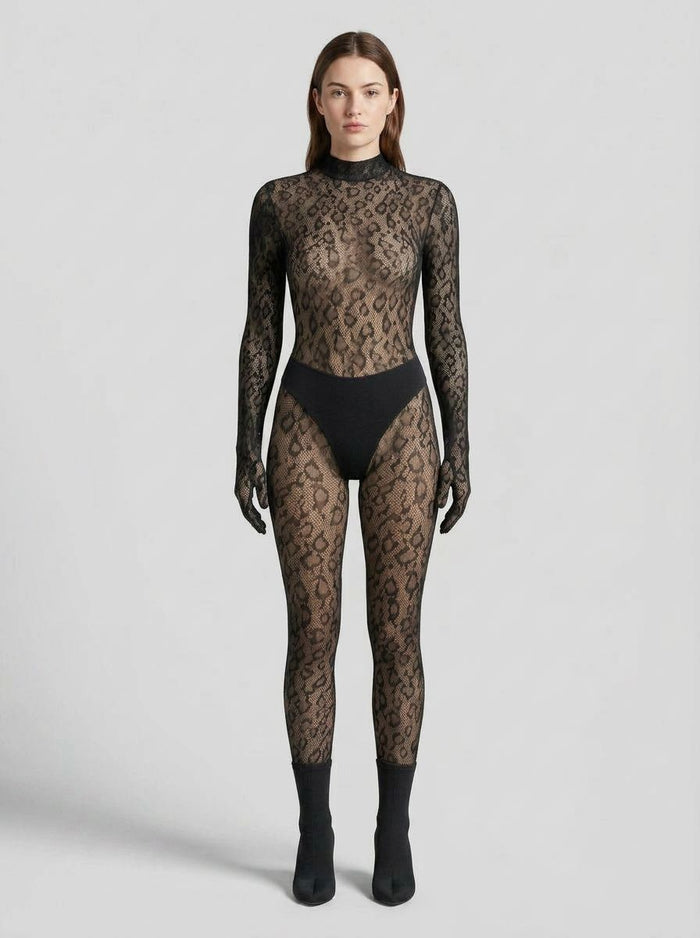 Lace by LJ Gloved Leopard Print Catsuit Black displayed elegantly, showcasing its striking leopard print pattern that exudes luxury.
