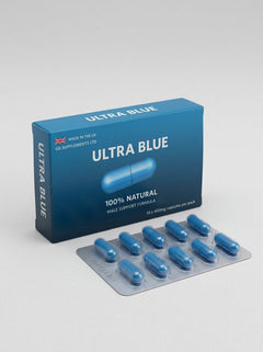 Ultra Blue Premium 400mg herbal capsules for male health support, designed as aphrodisiacs and enhancers by GB Supplements.