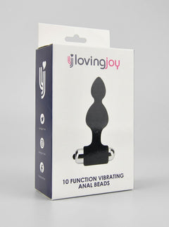 Loving Joy vibrating silicone anal beads with 10 functions and removable bullet vibrator, shown in a close-up image.