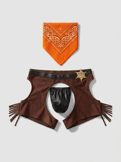 Male Power Cocky Cowboy Costume For Men - a luxurious cowboy costume set featuring a bandanna, clip-on badge, short chaps, and a posing strap designed for playful roleplay and western themed events.