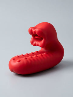 Dual Motor Rose Tongue Finger Vibrator Sleeve displayed upright, highlighting the sculpted rose tongue head and raised massage texture of this red rose tongue finger vibrator.