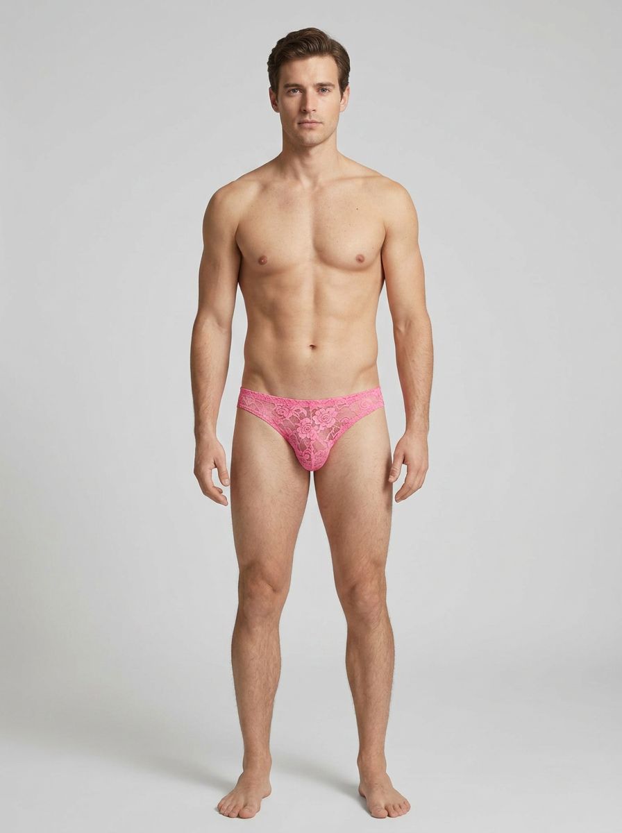 Men's Wonder Bikini Briefs by Male Power in pink lace, nude mesh, or black fishnet, featuring snug fit and bold design.