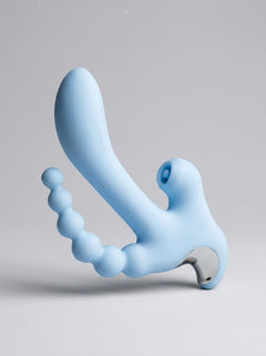 The Sky Cirrus Three Way Vibrator elegantly displayed, highlighting its luxurious silicone material and advanced features for combined G-spot, anal, and clitoral stimulation.