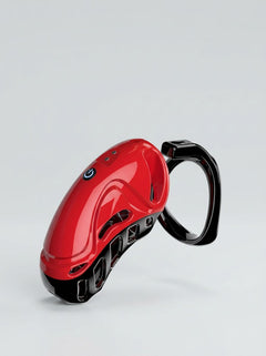 Vibrating Remote Control Plastic Chastity Cock Cage shown from the side, highlighting its secure black ring and ventilated design