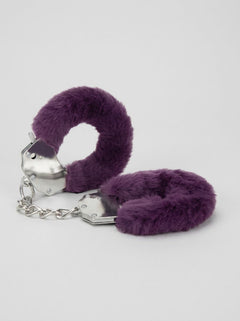 Me You Us Fluffy Quick Release Handcuffs - royal purple fluffy cuffs displayed together, highlighting their soft texture and metal accents for luxurious play.